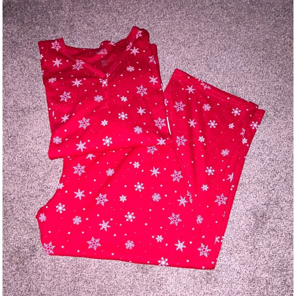 Women's Red/White Snowflake Cotton Knit Long Sleeve PJ Set Size 1X NWT A2